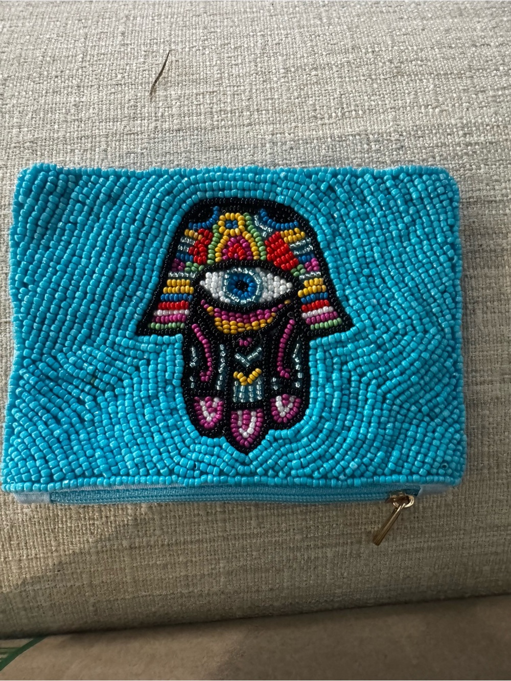 Turquoise Beaded Mini Clutch with Embroidered Hamsa